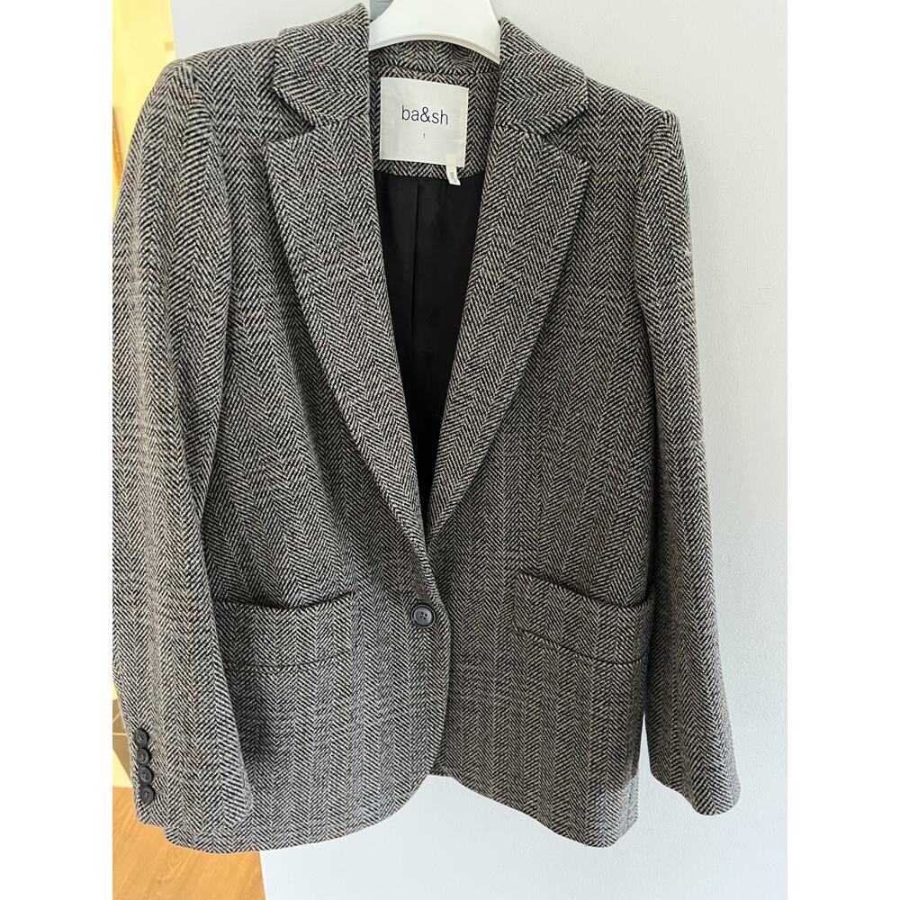 ba&sh Black and White Herringbone Wool Blend Blazer